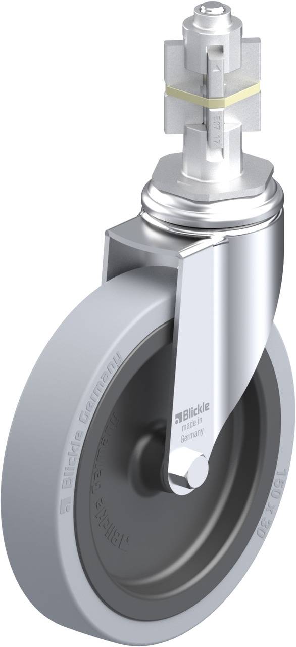 Drehbares Gehäuserad mit grauem Gummireifen und Metallgehäuse. Aufschrift seitlich 'Blickle'.