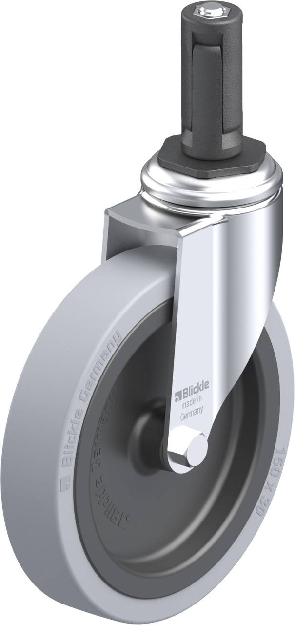 Industrie-Rolle mit grauem Rad und silbernem Gehäuse, geeignet für mechanische Anwendungen und schwere Lasten.