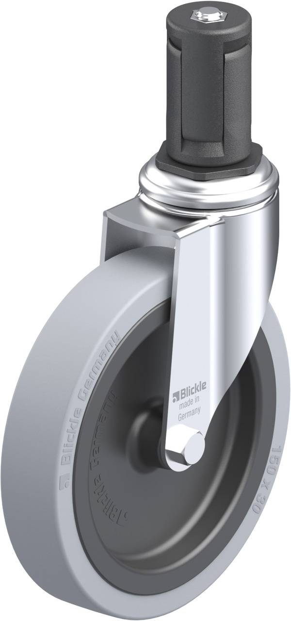 Abbildung eines grauen Bockrads mit Metallhalterung und Schutzkappe.