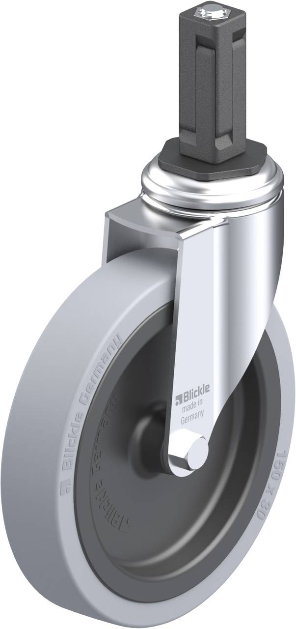 Grauer Rollenrad aus Kunststoff mit Metallhalterung, die in Möbel oder Geräte eingesetzt wird. Markiert mit 'Blickle' und 'Made in Germany'.