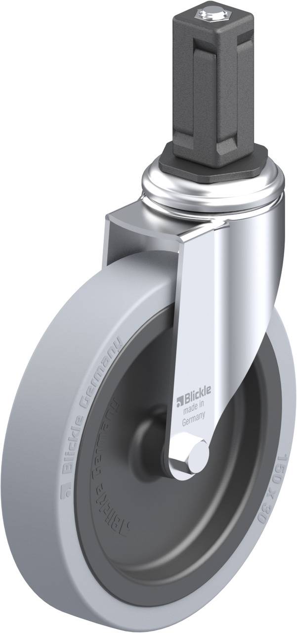 Graues Bockrad mit Metallgehäuse, geeignet für industrielle Anwendungen. Es hat einen rechteckigen Drehmechanismus zur Befestigung.