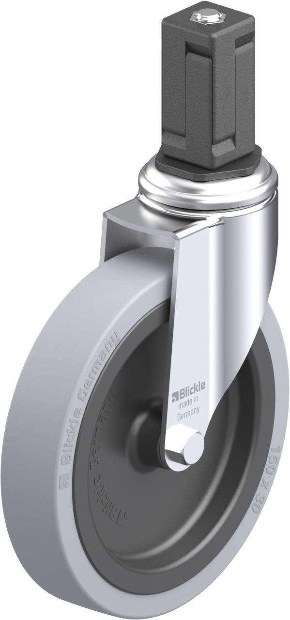 Industrielles Dreh-Rad mit grauer Gummibereifung und Metallgehäuse. Modell hat eine eckige Halterung oben.