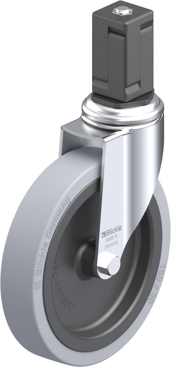 Grauer Lenkrollenrad aus Kunststoff mit Metallgabel und Bolzen. Geeignet für industrielle Anwendungen. Markenname und Spezifikationen sichtbar.