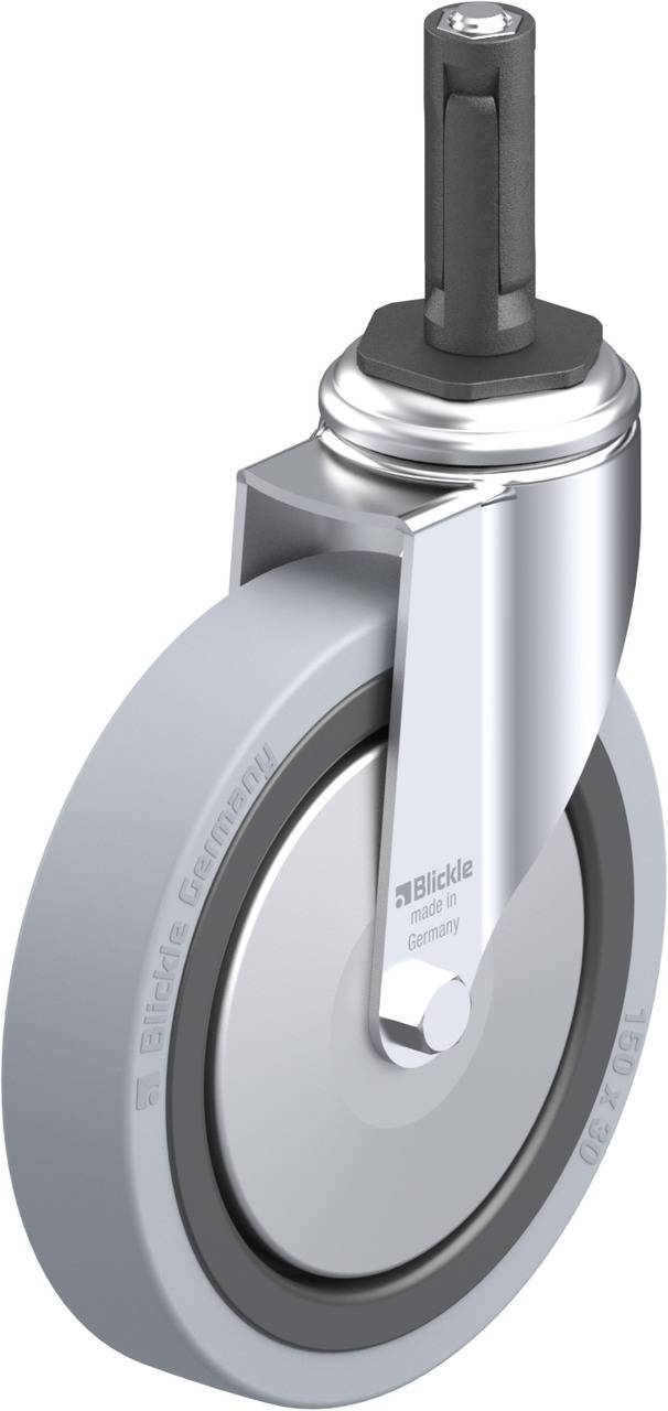 Graues Lenkrollenrad aus Metall und Kunststoff mit Befestigungsstift, geeignet für Möbel oder Transportgeräte.
