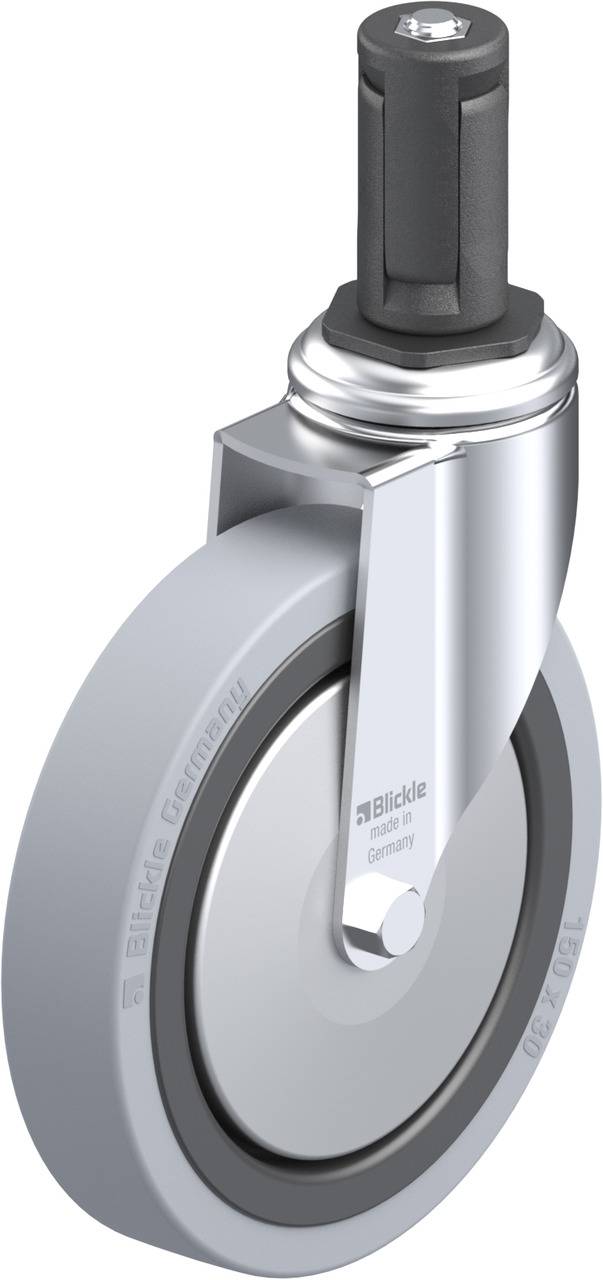 Graue Rolle mit silbernem Gehäuse und schwarzem Steckzapfen, von 'Blickle', symmetrisch und robust konstruiert für Gerätebeweglichkeit.