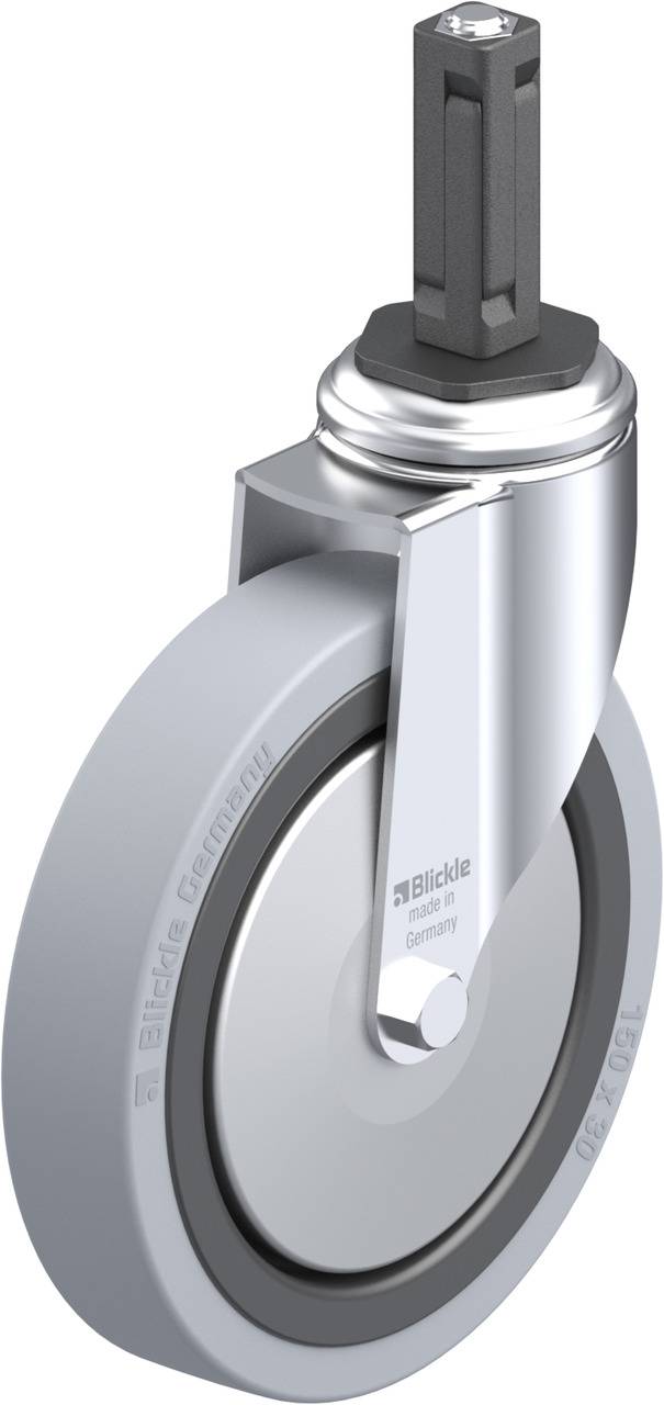 Industrie-Schwenkrad mit grauer Gummilauffläche und metallischem Gehäuse. Geeignet für Transportgeräte.