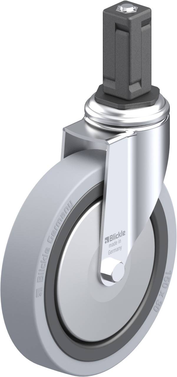 Industrie-Lenkrolle mit grauem Gummi-Rad, Metallgehäuse und rechteckiger Befestigungsstange, geeignet für Transportwagen.