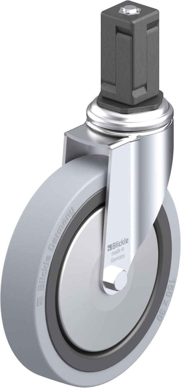 Metallradrolle mit grauem Gummi, geeignet für schwere Lasten. Markierung 'Blickle Germany' auf der Nabe.