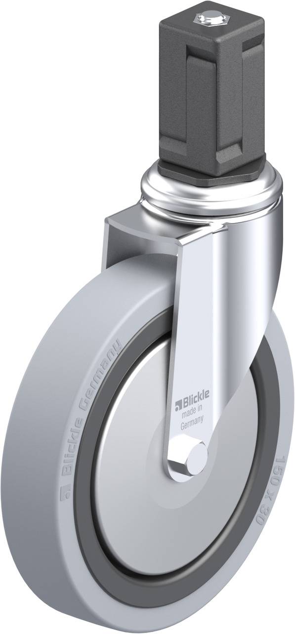 Schwenkrolle mit grauem Polyurethanrad und Metallgehäuse. Geeignet für industrielle Anwendungen, bietet Stabilität und Mobilität.
