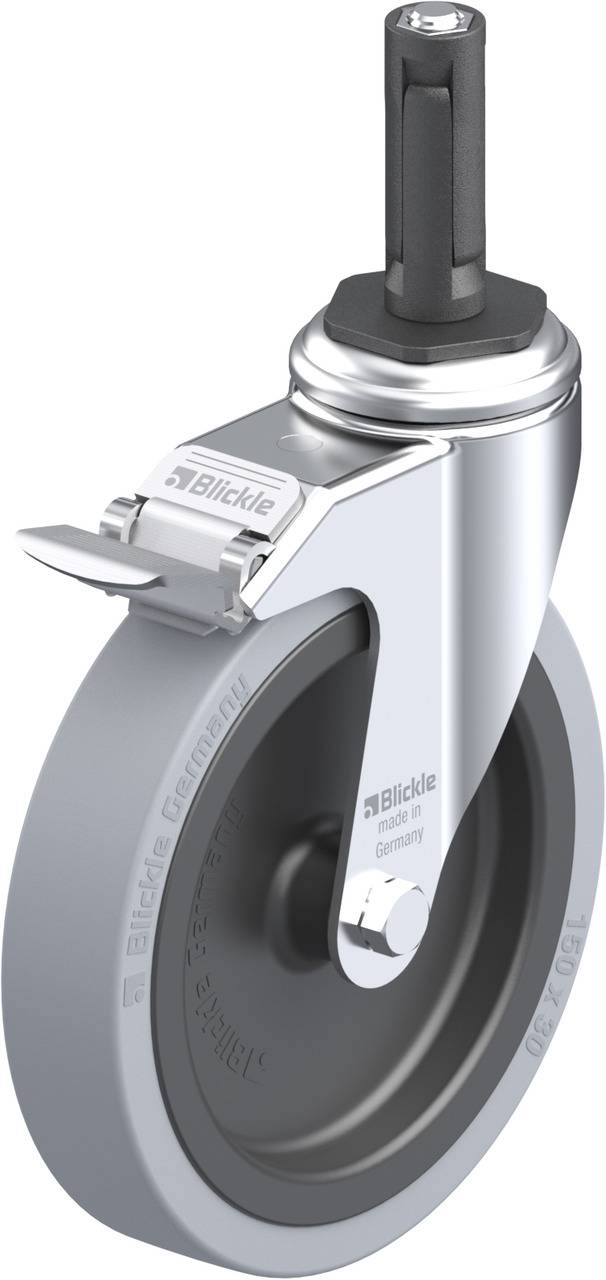 Drehbares Rad aus Metall und Gummi, mit feststellbarem Bremssystem oben. Markiert mit 'Blickle'. Ideal für Möbel oder Geräte.