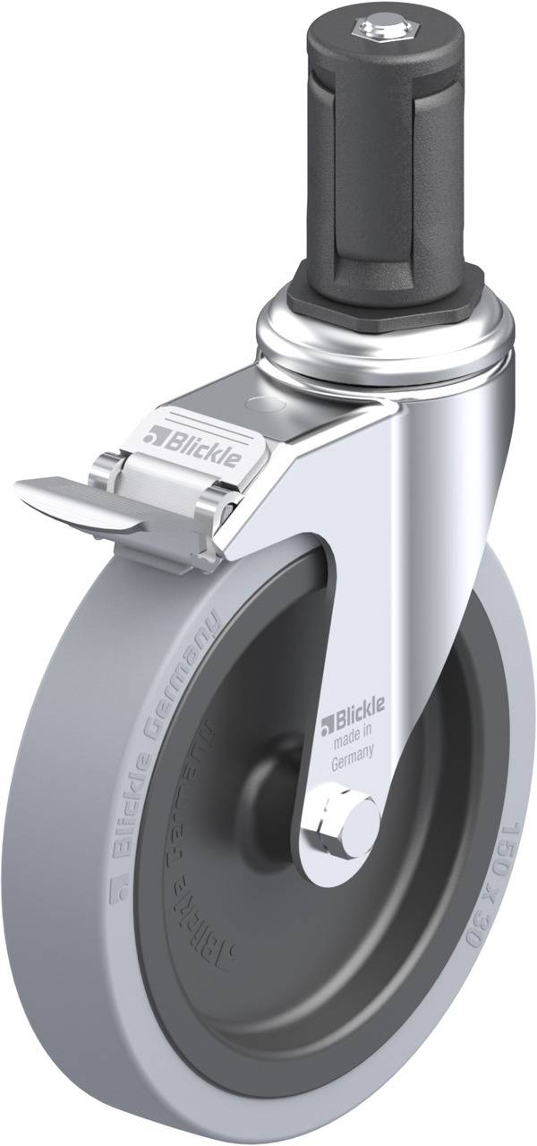 Rollenrad eines Möbelstücks mit Metallhalterung und schwarzer Bremse, zeigt technische Details zur Befestigung und Herstellerlogo.