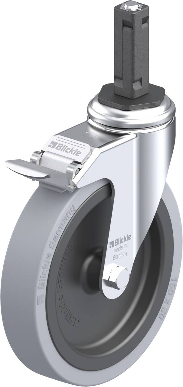 Schwenkrolle mit grauem Gummirad und Metallgehäuse, seitlichem Bremssystem und montierbarer Stift zur Befestigung.
