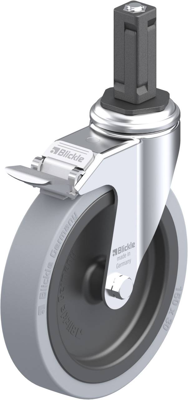 Graue Lenkrolle mit schwarzem Rad und Befestigungsstift. Aufschrift 'Blickle' sichtbar. Verwendet zur Befestigung an Möbeln oder Geräten.
