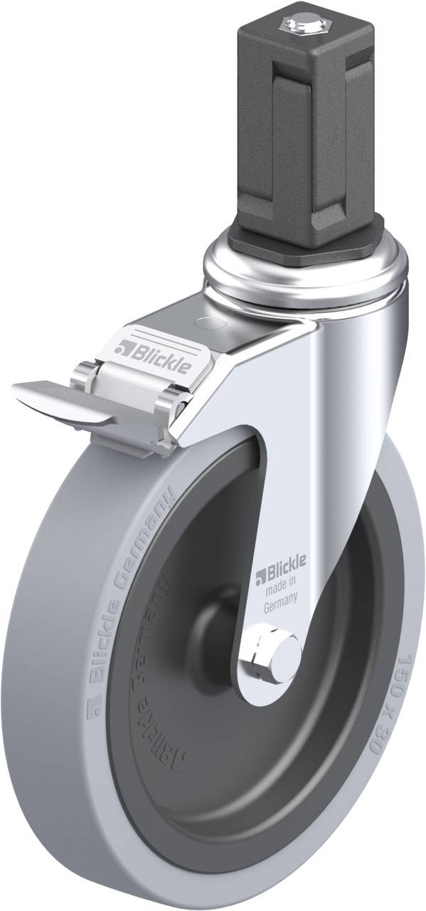 Industrie-Schwenkrolle mit grauem Gummirad, silbernem Gehäuse und Feststellbremse, geeignet für schwere Lasten.