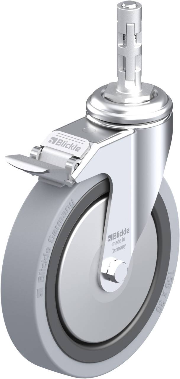 Schwenkrolle aus Metall mit grauem Rad und Bremse, geeignet für schwere Lasten.