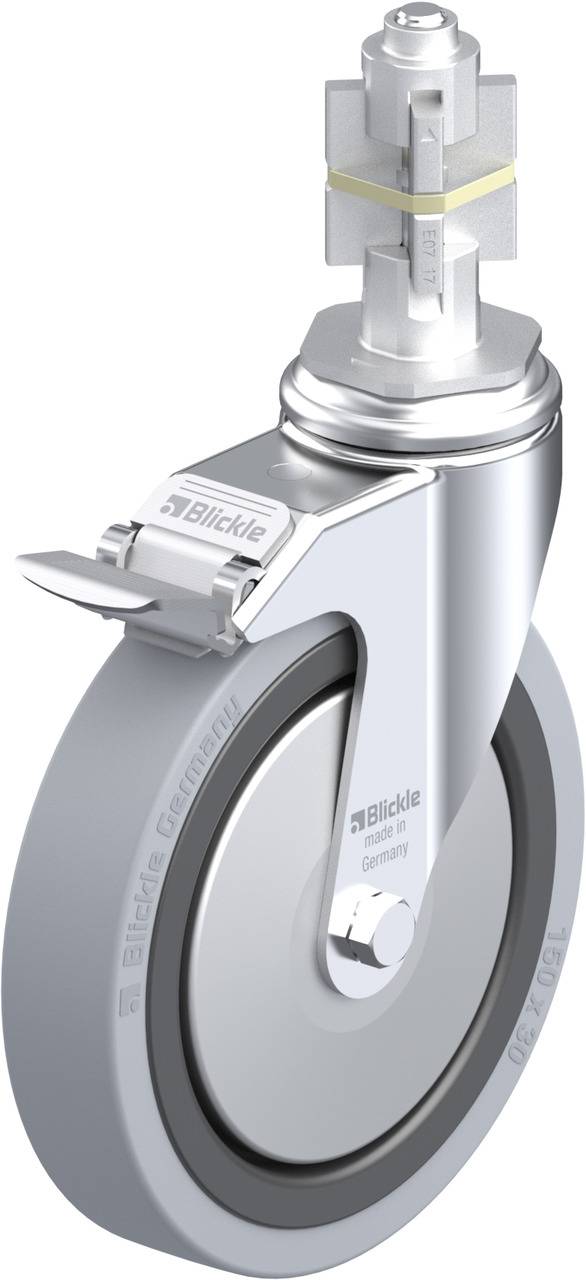 Industrielle Lenkrolle aus Metall mit Halterung und Bremse, firmiert mit 'Blickle'. Rollenoberfläche ist grau, Aufbau silbern.