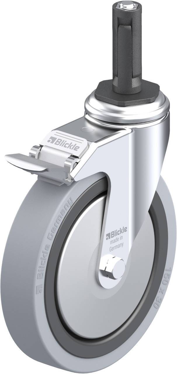 Schwenkrolle mit grauem Rad und schwarzer Lenkung, metallisches Gehäuse und Aufdruck 'Blickle'. Geeignet für Möbel oder Geräte.