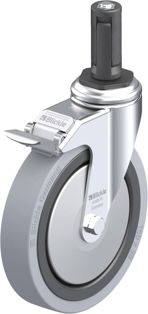 Darstellung eines stabilen Lenkrollrads mit Metallgehäuse und Kunststoffrad, geeignet für den Einsatz an rollbaren Möbeln oder Geräten.