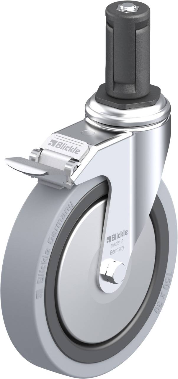 Industrie-Bockrolle in silberner Farbe mit Bremse und schwarzem Stift, geeignet für schwere Lasten, mit dem Markennamen 'Blickle'.