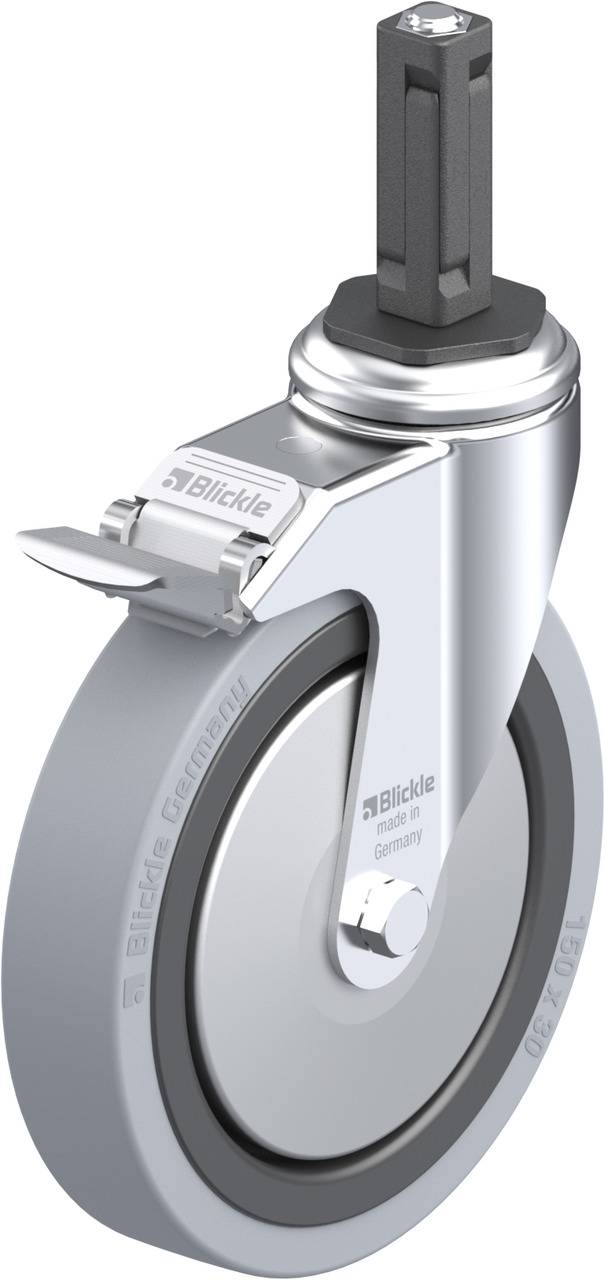 Industrie-Lenkrolle von Blickle, grau und silber, aus Metall und Kunststoff, mit abgerundeter Form und markantem Drehgelenk.