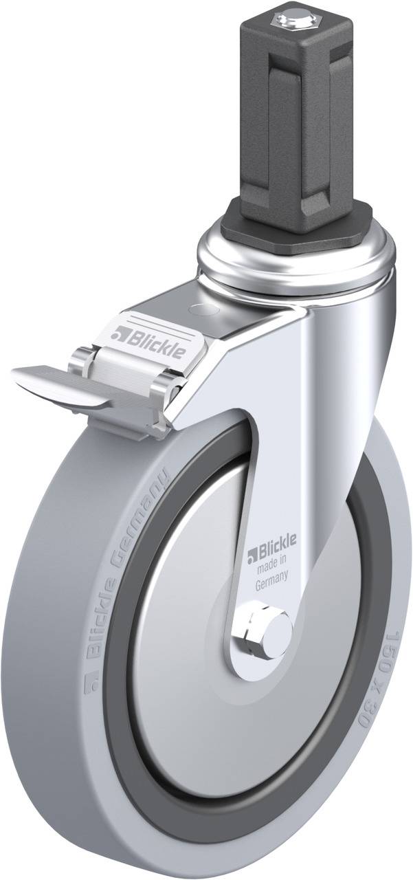 Industrierolle mit grauem Gummirad, Metallhalterung und Feststeller, geeignet für Schwerlastanwendungen in der Logistik und Produktion.