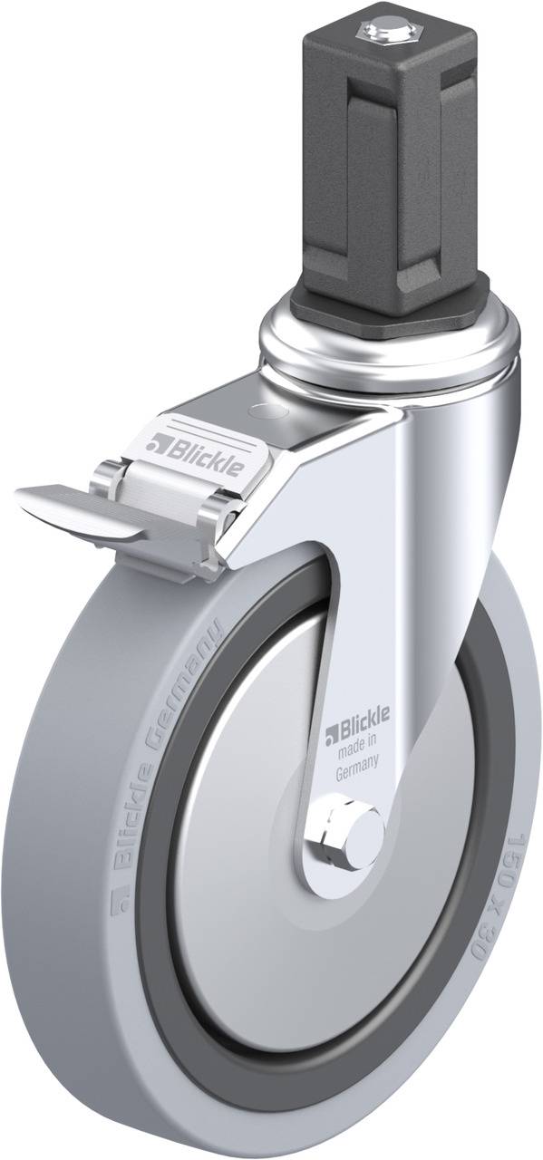 Rolle mit grauem Rad und Metallhalterung, seitlicher Bremshebel oben, geeignet für Möbel oder Industrieausrüstung.