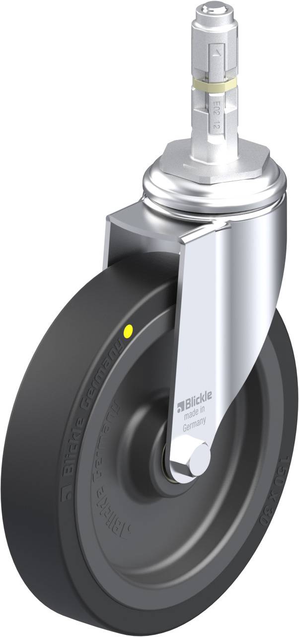 Drehbare Rolle aus Metall und Kunststoff, schwarz, mit einem Gelenk zum Anbringen an Möbel oder Geräte.