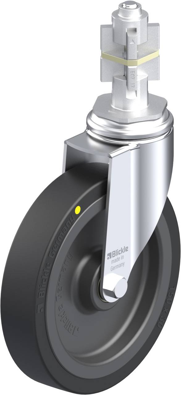 Ein einzelnes Laufrollen-Rad aus Metall mit einem schwarzen Ring. Es trägt die Aufschrift 'Blickle Germany'.
