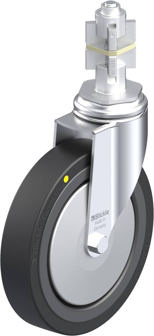 Industrie-Schwenkrolle aus Metall mit schwarzem Rad, geeignet für schwere Lasten; drauf steht 'Blickle'.
