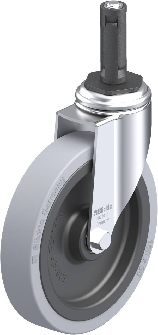 Graues Rad aus Plastik mit schwarzer Halterung und Metallstift oben, entworfen für Mobilität. Bietet stabilen Halt und leichte Bewegung.