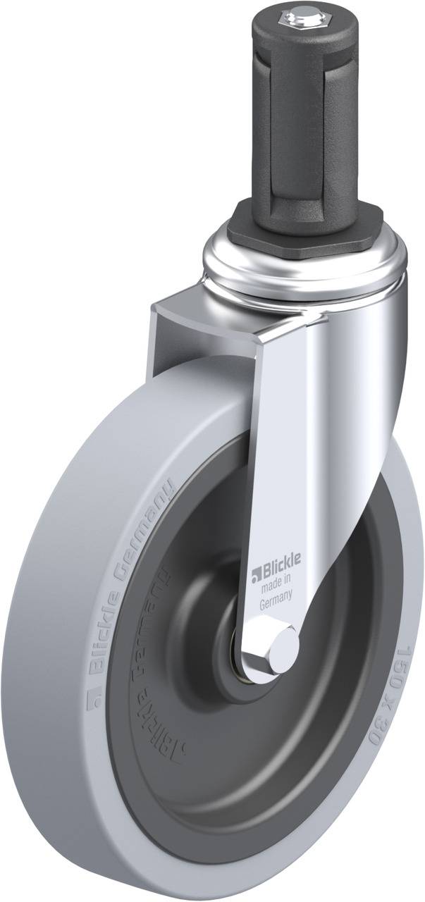 Graue Lenkrolle mit Gummireifen und schwarzer Befestigung, geeignet für Möbel oder Transportgeräte in industriellen Anwendungen.