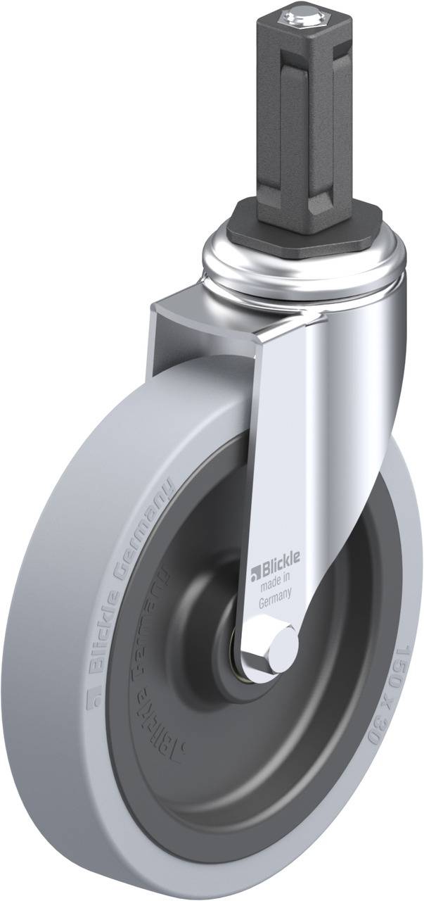 Grau-Schwarzes Bockrolle-Rad mit rechteckiger Stiftbefestigung aus Metall, ergonomisch für industrielle Anwendungen.