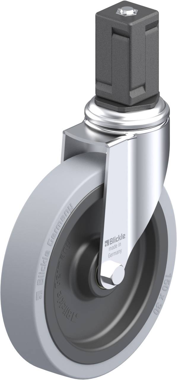 Industrie-Rollenrad mit silberner Metallhalterung und grauem Rad. Oben befindet sich ein quadratischer schwarzer Adapter mit Schraube.