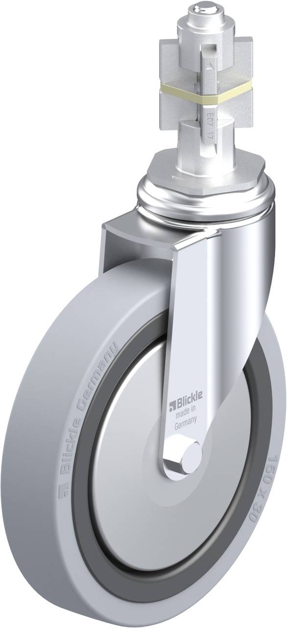 Industrierolle mit grauem Rad und Metallgehäuse, geeignet für Anwendungen in der Maschinenbau- und Möbelindustrie.