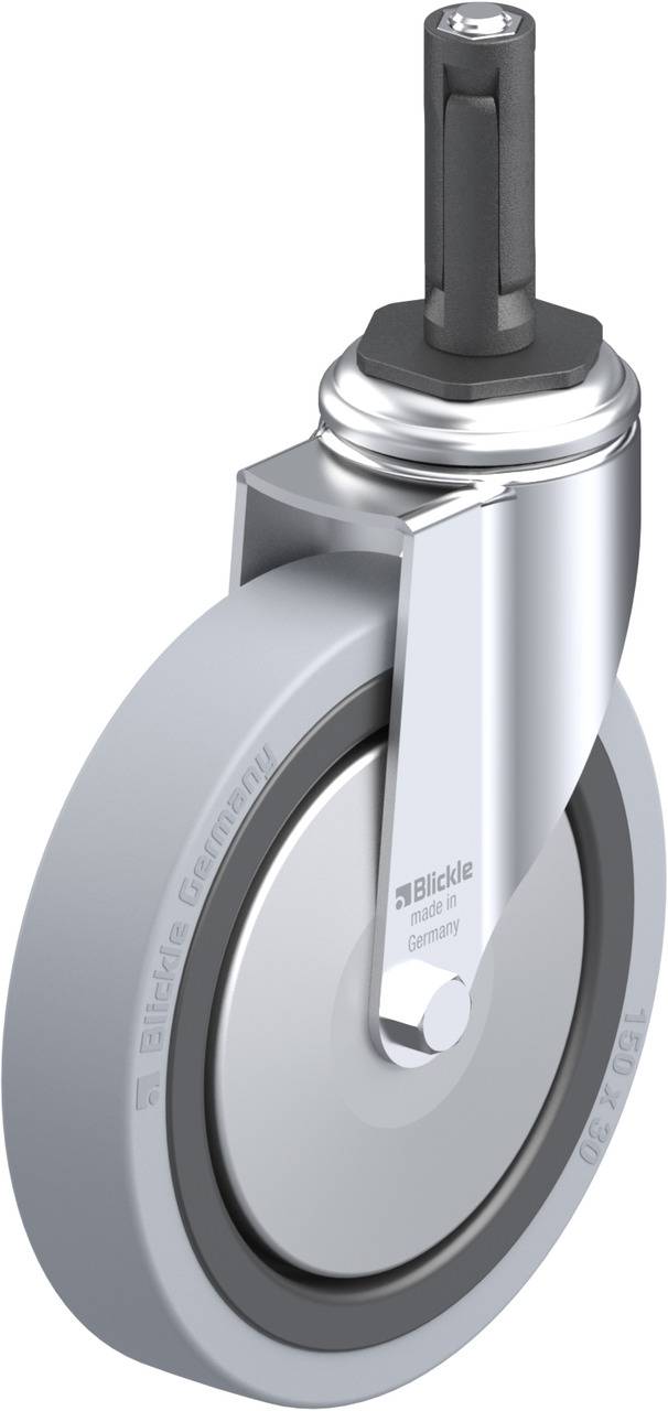 Industrie-Rolle mit grauem Rad und silbernem Gehäuse, vertikale Halterung oben. Geeignet für Transportwagen oder Möbel.