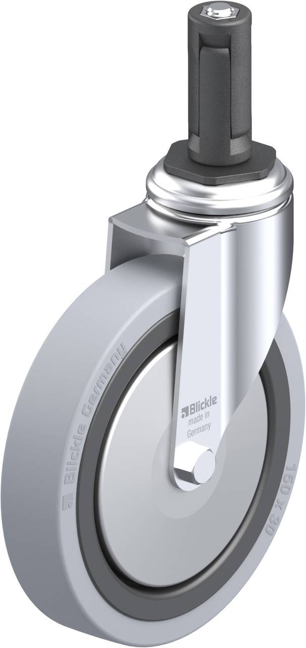 Graues Schwenkrolle mit drehbarer Halterung, aus Metall und Kunststoff, für Möbel oder Transportgeräte.