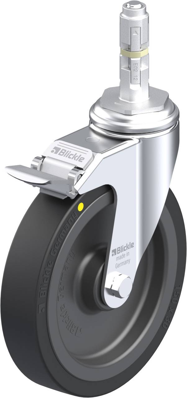 Schwenkrolle mit Bremse auf schwarzem Rad. Silberne Halterung, geeignet für industrielle Anwendungen. Aufdruck 'Blickle'.