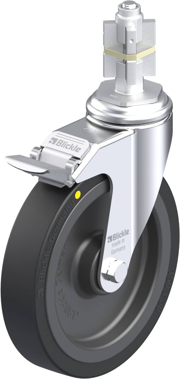 Hochwertiges Bockrolle aus Metall und Gummi, mit Blickle-Logo auf der Halterung, geeignet für schwere Lasten und industrielle Anwendungen.