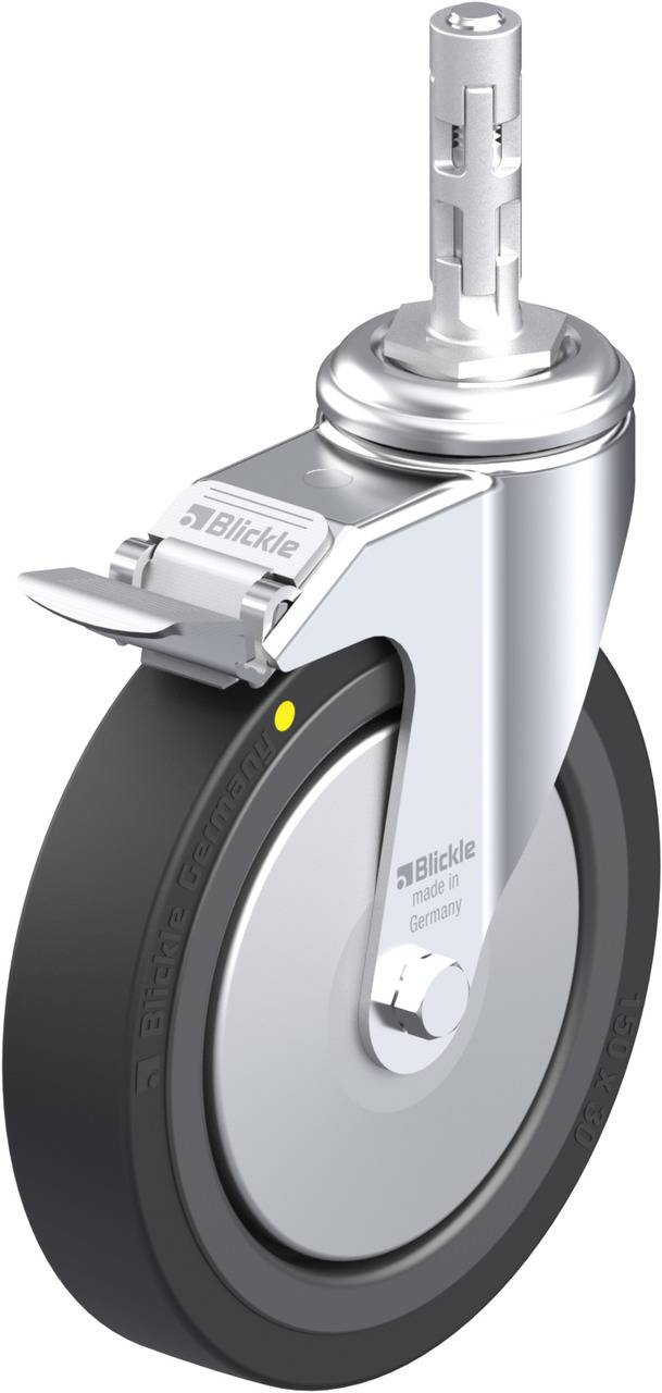 'Rolle mit Befestigungsstift und Bremse aus Metall und Kunststoff, glänzende Oberfläche, markiert mit 'Blickle' Branding.'