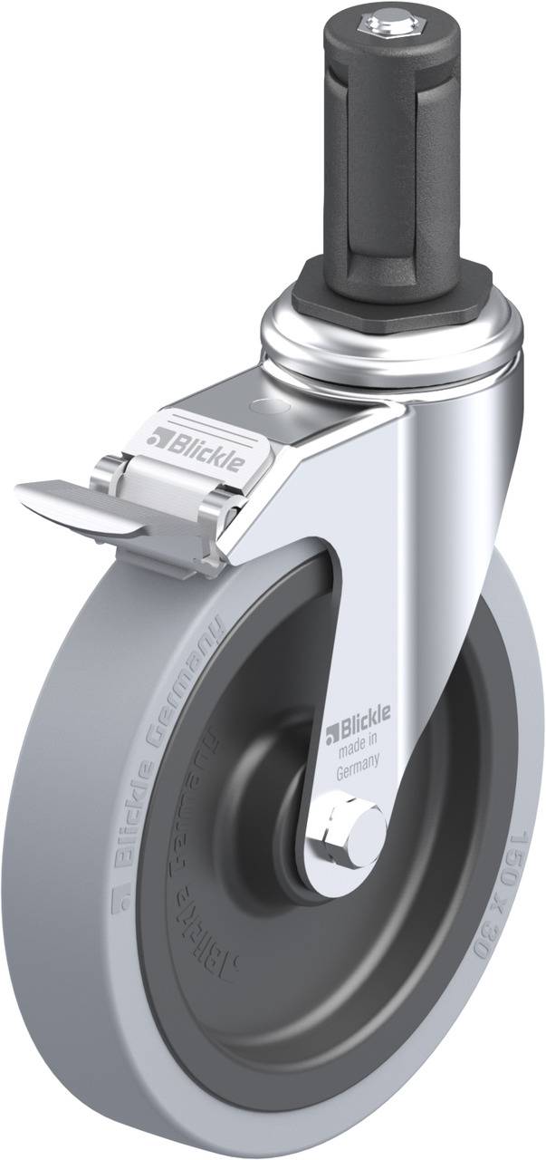 Grau-schwarzes Lenkrolle aus Metall und Kunststoff, mit Bremse. Eignet sich für Möbel oder Geräte. Markierung: 'Blickle'.