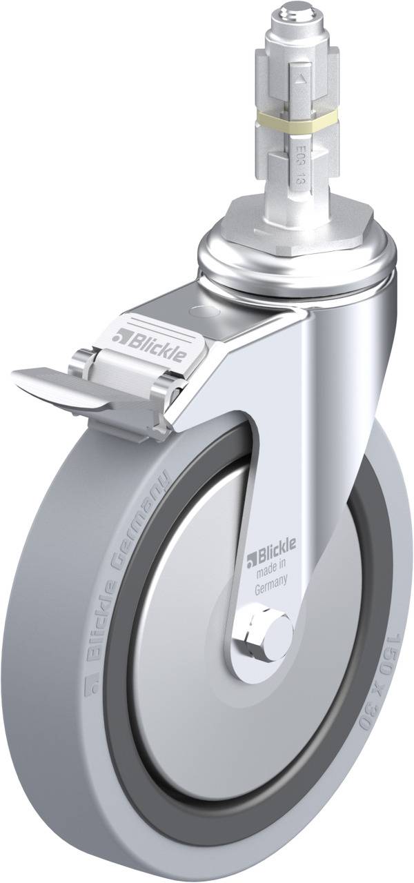 Metallenes Bockrad mit grauem Gummireifen, Halterung und Bremsvorrichtung.