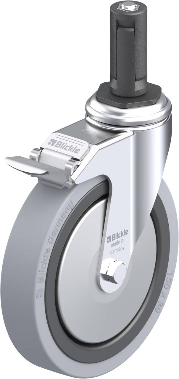 Industrielle Lenkrolle mit grauem Rad, silbernem Gestell und Stoppmechanismus; geeignet für schwere Lasten und glatte Böden.