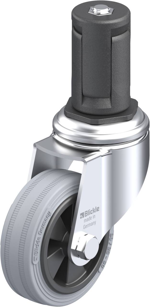 Grau-Schwarz-Rad mit Metallhalterung, zylindrischem Kopf und Blickle-Logo, geeignet für industrielle Anwendungen.
