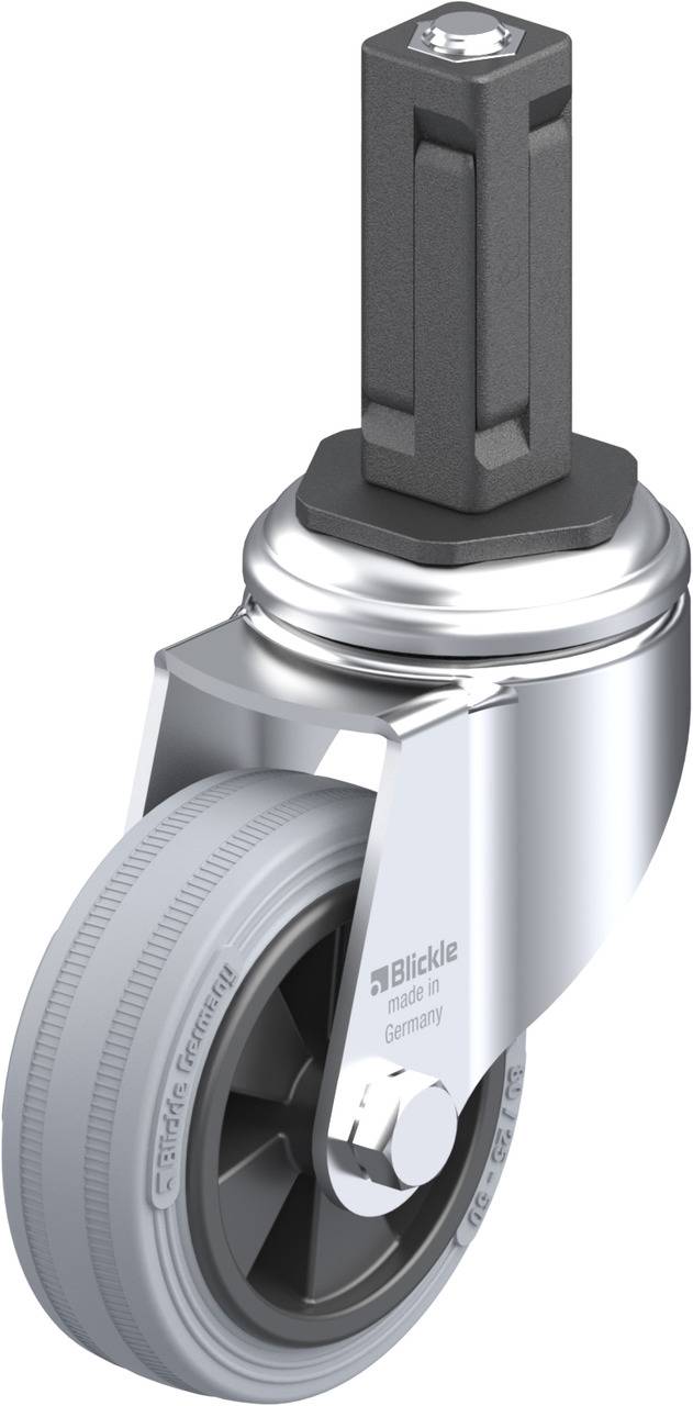Schwenkrolle mit grauem Rad, Metallschaft und 'Blickle'-Logo. Geeignet für industrielle Anwendungen, glänzende Metalloberfläche.