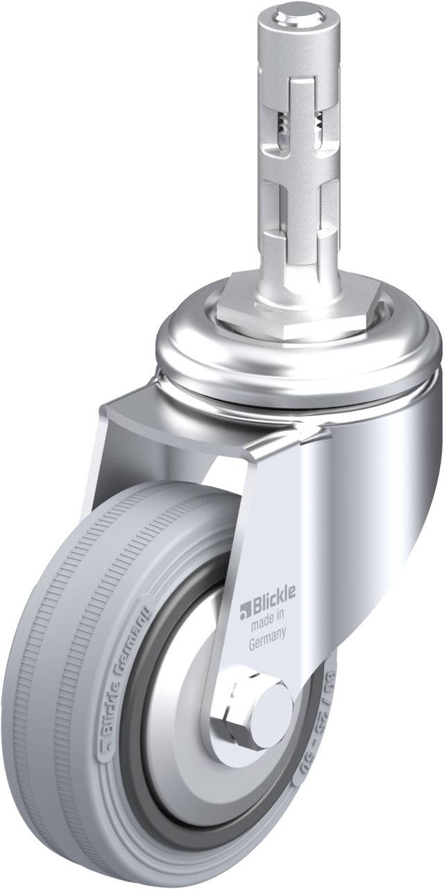 Schwenkrolle aus Metall und Gummi, glänzend, mit zentralem Stift zur Befestigung. Auf der Seite steht 'Blickle made in Germany'.