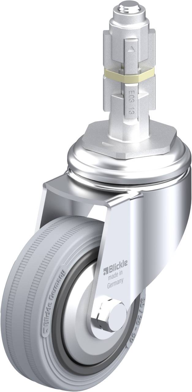 Schwenkbare Rolle aus Metall und Gummi, geeignet für den Einsatz in Möbeln oder Geräten. Silberne Oberfläche mit Markenzeichen 'Blickle'.