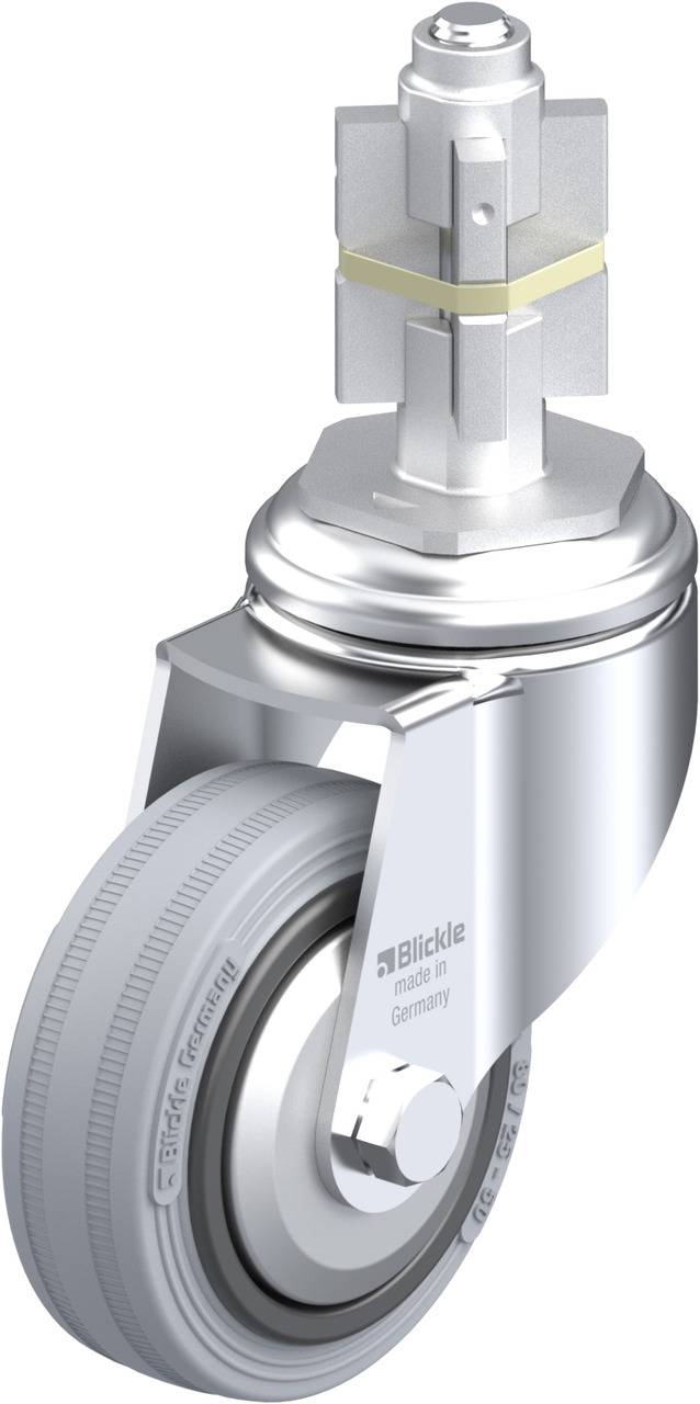 Industrie-Lenkrolle mit silbernem Metallgehäuse und grauem Rad. Geeignet für schwere Lasten. Markenname sichtbar: 'Blickle, made in Germany'.