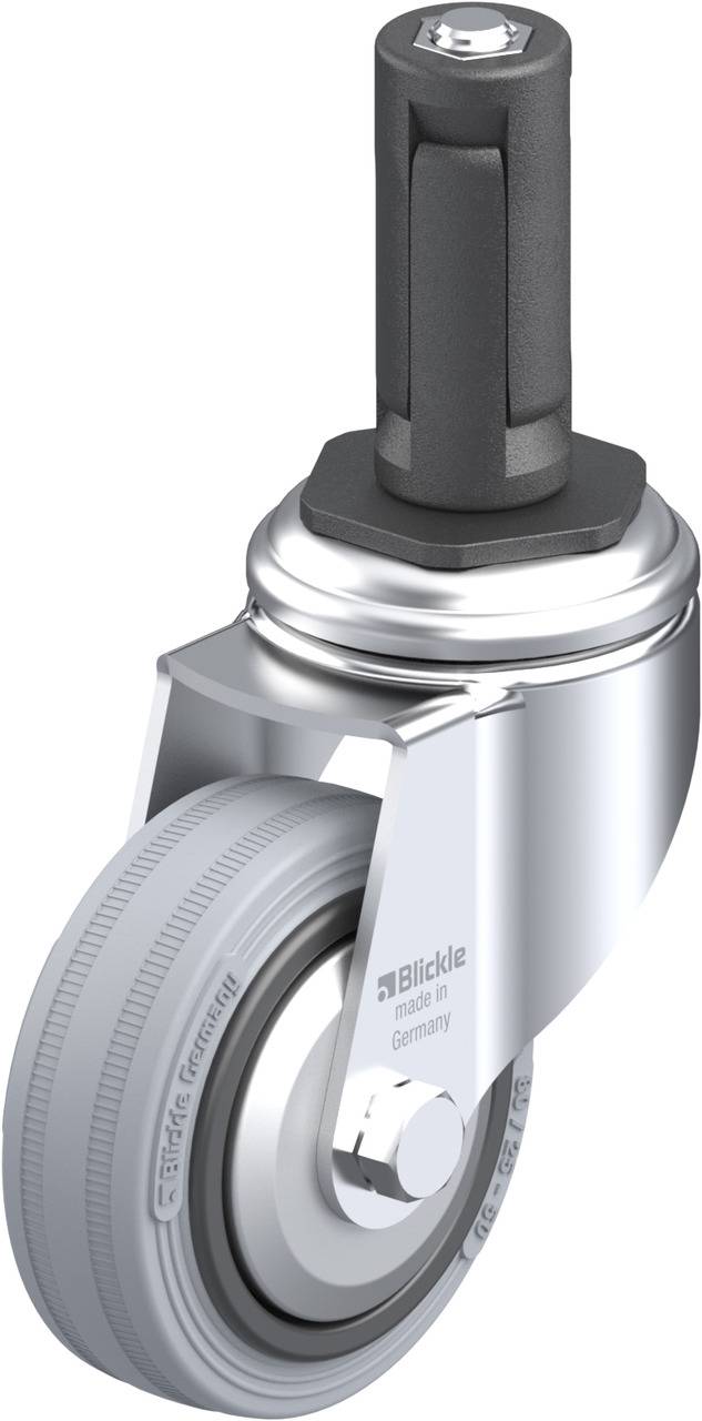 Schwenkrolle mit grauem Rad, Metallgehäuse und schwarzem Bolzen. Beschriftet mit 'Blickle', hergestellt in Deutschland.