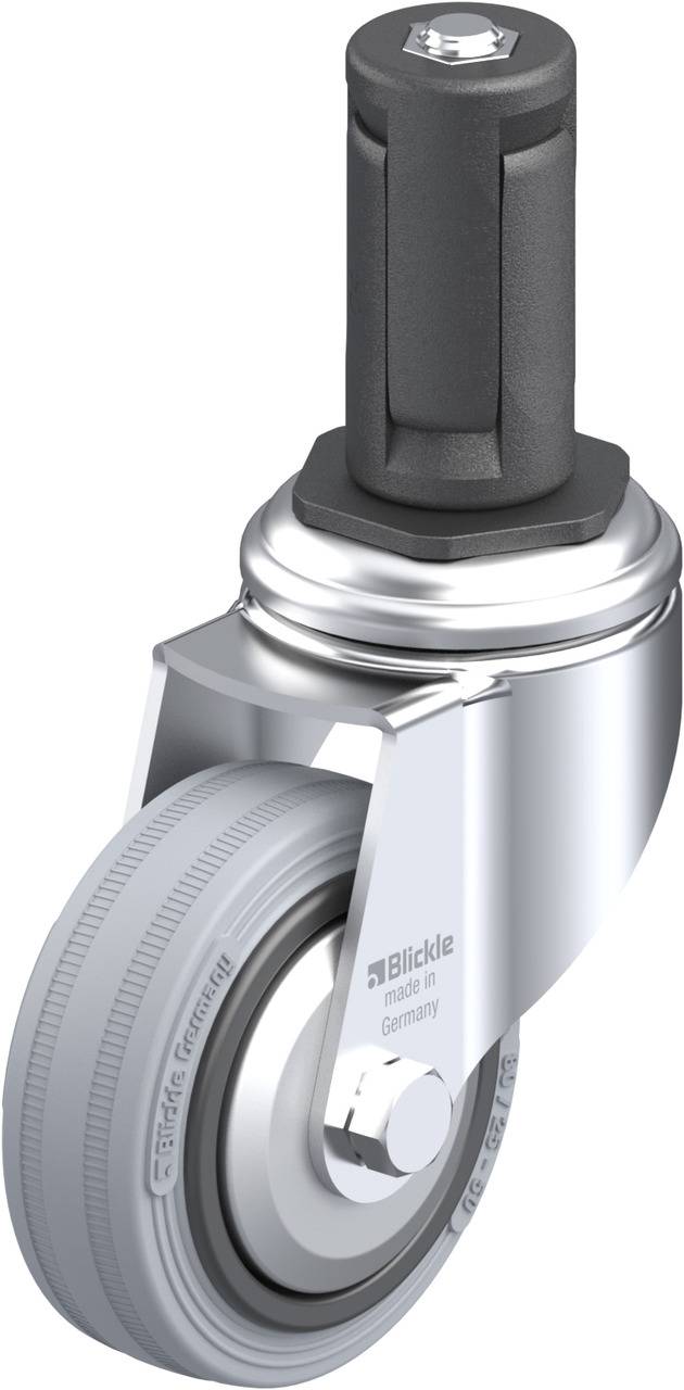 Graue Lenkrolle mit grauem Rad, schwarzem Rollengehäuse und silbernem Metallgehäuse. Auf der Seite steht 'Blickle made in Germany'.