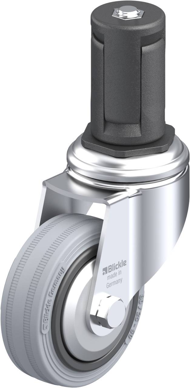 Schwenkrolle mit grauem Rad und schwarzer Befestigung, Markenname 'Blickle Germany' auf dem Rad gedruckt.